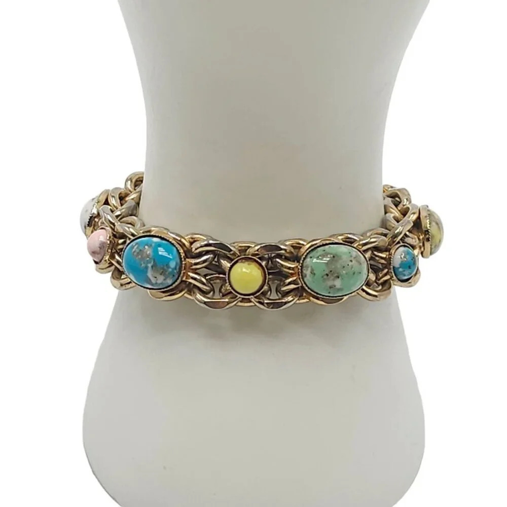 Multicolor Art Glass Chain Bangle Bracelet Fold Over Clasp Gold Tone Vintage